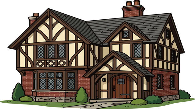 English Tudor Style House Illustration with Half-Timbering and Brick