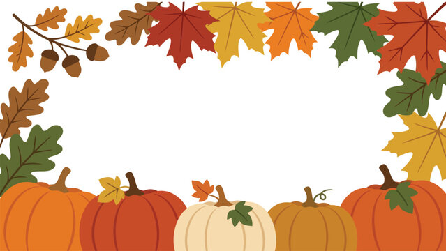 Autumn border frame with colorful fall leaves and orange pumpkins for thanksgiving season