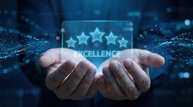 Excellence in Hand: A person holds a digital interface displaying five glowing stars and the word EXCELLENCE, symbolizing high quality and outstanding performance in a modern.