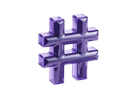 Purple glossy 3d rendering hashtag symbol icon, isolated on transparent background
