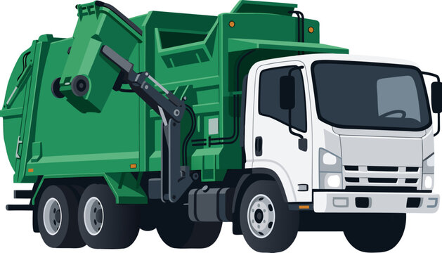 Modern automated side loader garbage truck in premium flat vector style featuring hydraulic lifting arm and residential waste bin, isolated on white background.