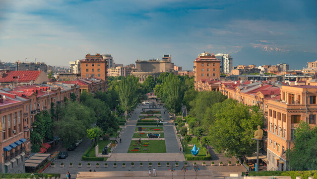 erevan Cascade complex park panorama with Opera house and Ararat mountain with copy space