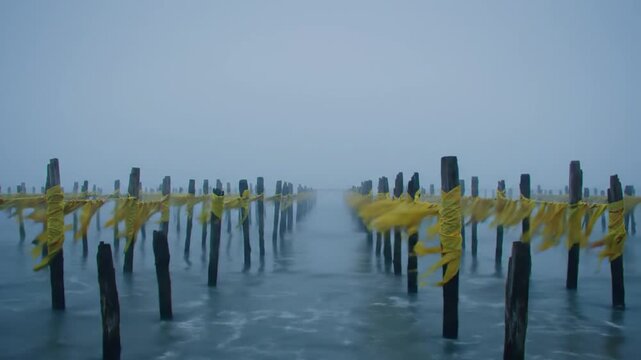 Misty Foggy Waterway with Yellow Flags on Wooden Posts