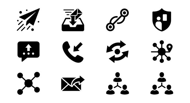 Communication and Connection Icons: Network, Email, Security, and Data Transfer Vector Set for Digital Concepts