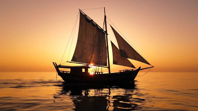 Majestic sailboat glides across tranquil ocean at golden sunset, reflecting warm light.
