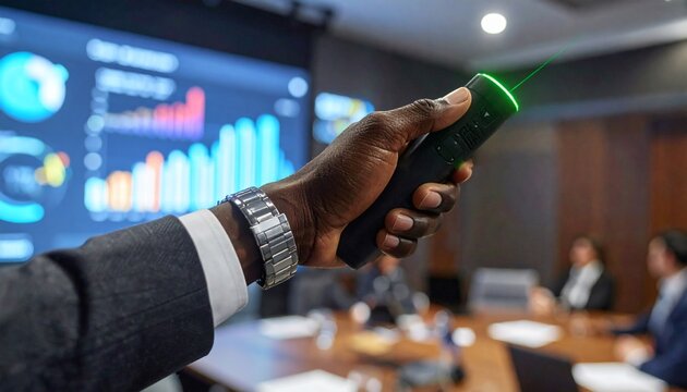 First person POV of businessman hand in suit holding wireless presentation clicker in boardroom.