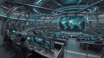 Fototapeta premium Cybersecurity global network operations center NOC in circular layout 3D illustration with copy space