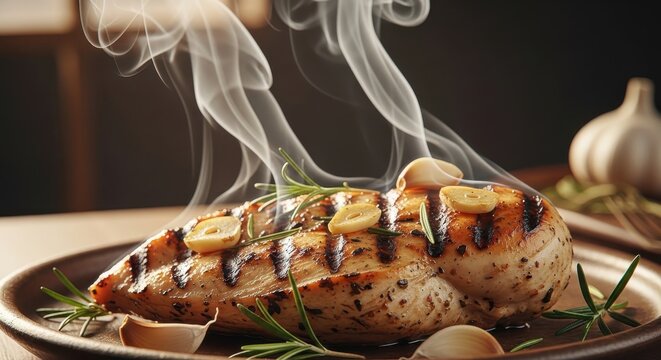 Grilled chicken breast sizzles on plate with herbs and garlic.