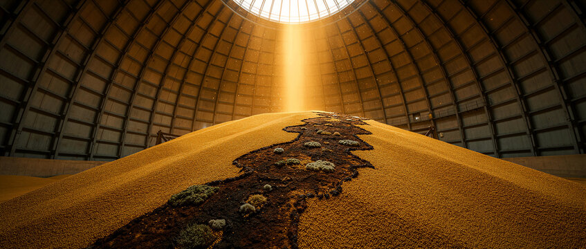 Large pile of grain inside a massive industrial silo with a central light beam. Sunlight illuminates an agricultural storage facility under a domed roof. Food security concept for logistics marketing.