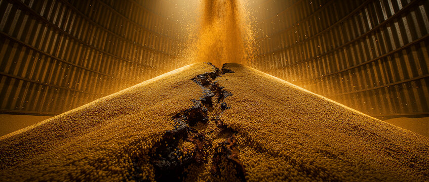 Golden grain pouring into a large industrial storage silo during harvest. Dry seeds pile up inside a metal bin with cinematic lighting. Grain storage concept for farming and food supply marketing.