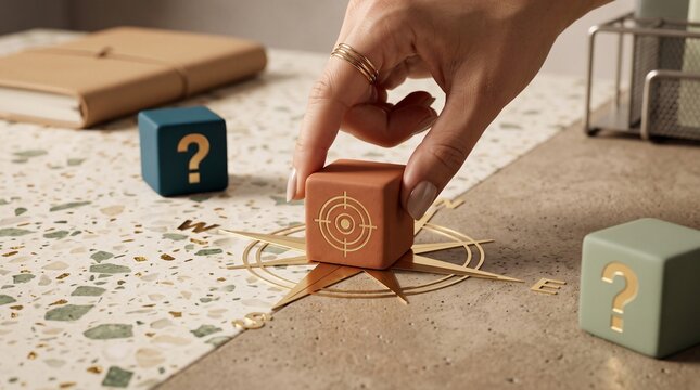A hand places a target cube on a compass rose symbol representing strategic focus business goals and decision making on a modern textured tabletop