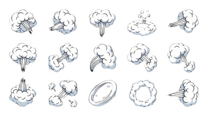 Various cartoonish drawings of mushroom clouds are shown exploding. © Stock Image Paradise
