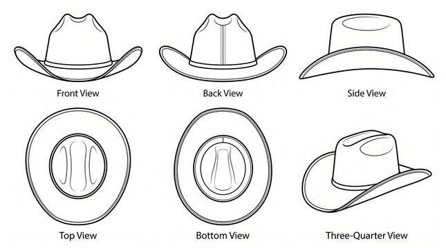 Cowboy Hat Technical Drawing Template Set with Front Back Side Top Bottom and Three-Quarter Views Vector Outline