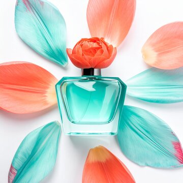 Turquoise perfume bottle with a coral flower cap surrounded by colorful petals.
