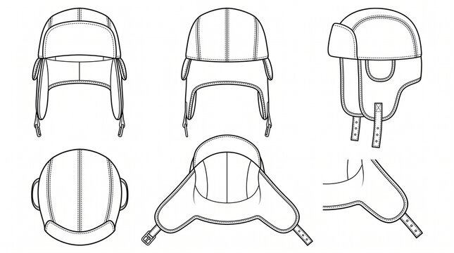 Trapper Hat Fashion Technical Sketch Template, Winter Earflap Cap Vector Illustration, Ushanka Hat CAD Flat Drawing