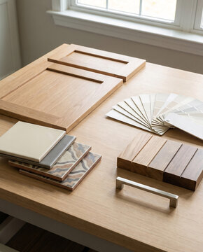Kitchen remodel material samples beside cabinet door