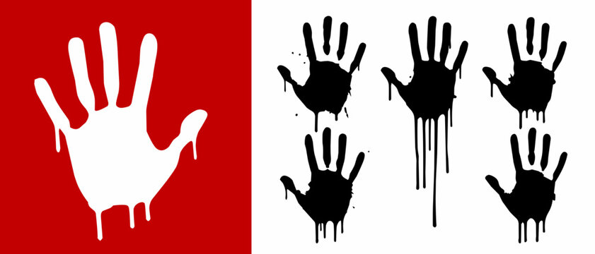 Bloody handprint icon and dripping hand silhouettes set. Minimalist scary halloween horror elements and criminal forensic stop signs isolated