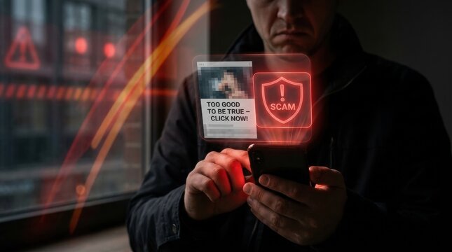 Digital Scam Alert: A person holding a smartphone encounters a fraudulent online offer, depicted by a glowing holographic alert warning of a scam.