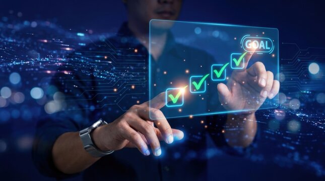 Achieving Goals Through Technology: A person interacts with a futuristic digital interface, checking off tasks on a goal-oriented progress bar, symbolizing digital advancement and strategic planning.