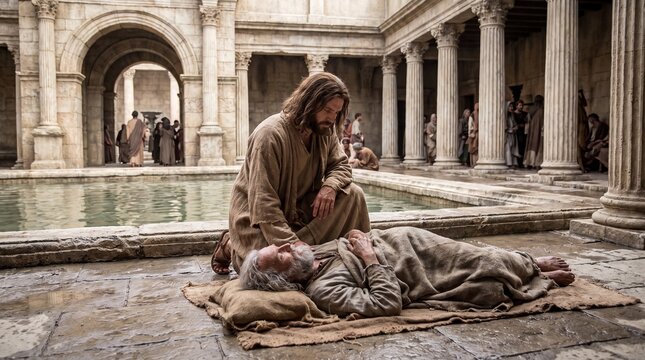 Jesus Christ kneeling beside a paralyzed man lying on a mat by the Pool of Bethesda, depicting the biblical miracle of healing the lame man in Jerusalem.