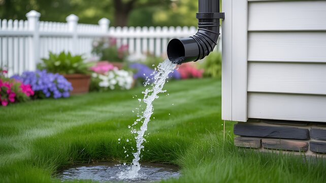Rainwater drainage pipe releasing flowing water onto green grass in a residential garden