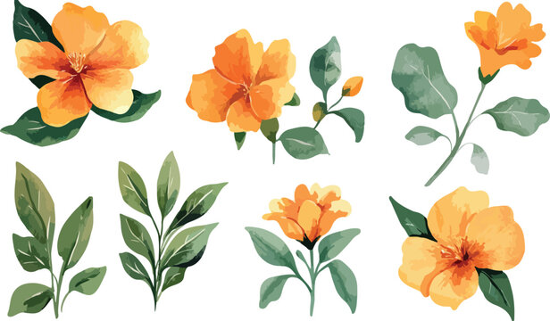Seamless vector set of colorful autumn flowers and foliage pattern with leaves, floral elements, butterflies and seasonal fall nature design in orange and yellow tones for wallpaper and decoration