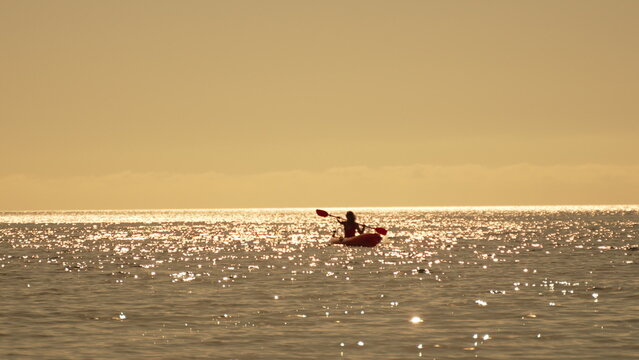 Kayaking sunset ocean solitary person paddling red kayak across glittering water during golden hour