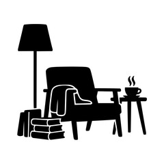 Fototapeta premium Ein bequemer Sessel mit Bücherstapel und einer Tasse Tee schafft eine gemütliche Leseatmosphäre. Das Motiv richtet sich an Bücherliebhaber.KI Generiert