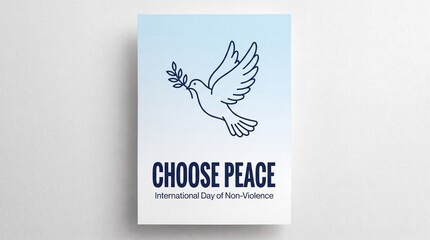 Fototapeta premium Minimalist poster design featuring a stylized dove carrying an olive branch with the text choose peace representing a concept of non violence and global harmony for international observance
