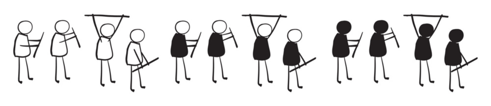 Set of Stick Figures holding bar in hands Vector Silhouette. People. Character.