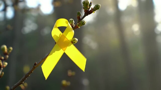 Yellow ribbon tied on tree branch in sunlight, symbol of hope and support