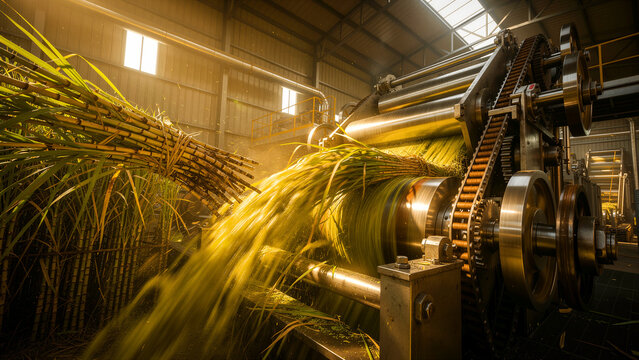 Raw sugarcane stalks being fed into industrial milling machinery. Large rollers and mechanical gears processing crops inside a factory. Sugar production concept for industrial marketing.