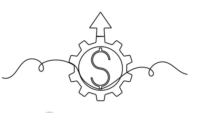 Cogwheel gear and money making process with financial growth continuous one line drawing on white background minimalist business work and automation service for industrial symbol 4k animation video