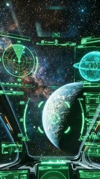 A futuristic cockpit offers a stunning view of a distant planet and star-filled cosmos, guided by glowing green holographic interfaces displaying vital navigation data.