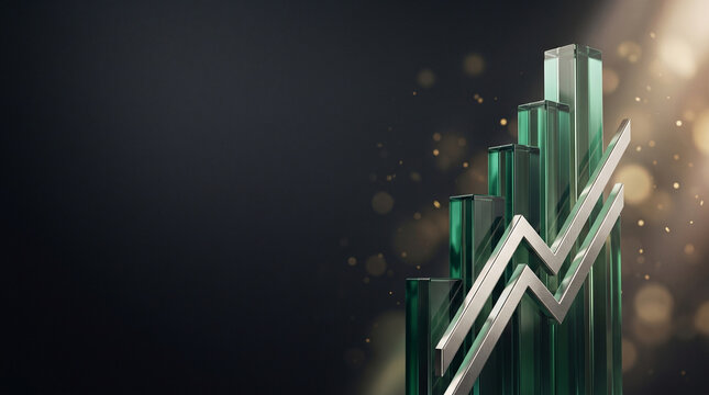 Abstract financial growth chart with green glass bars and a metallic zigzag trend line