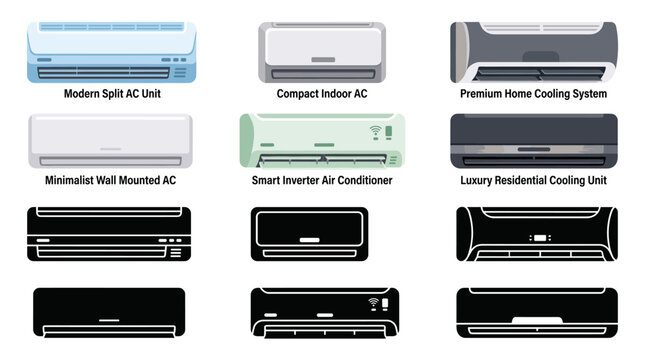Set of vector collection featuring different wall mounted air conditioner designs, modern split AC unit, compact indoor air conditioner, premium home cooling system