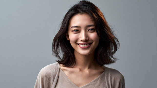 mid twenties japanese woman with collarbone length lob haircut smiling naturally, smiling young japanese woman with modern lob hairstyle and natural makeup, authentic portrait of happy japanese woman 