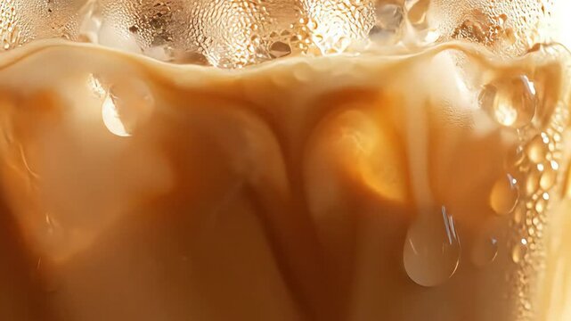 Iced Coffee Glass with Condensation Droplets in Golden Sunlight, Macro Cinematic Close-Up
