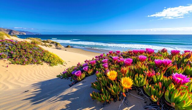 Vibrant coastal wildflowers along scenic seaside path.
