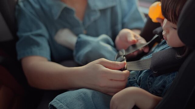 Close up of a mother's hand fastening a safety seat belt for her Southeast Asian toddler girl in a car seat. A parent ensuring child protection and road safety during a family trip.	