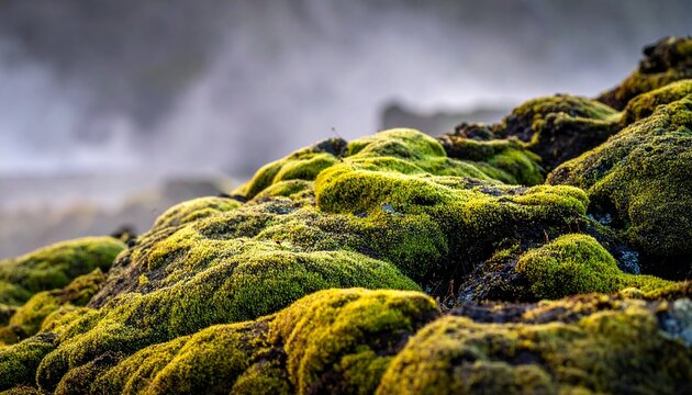 Lush green moss carpet covering rocky mountain terrain.
