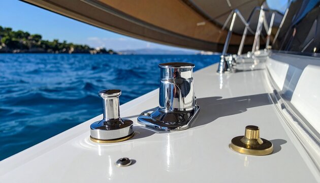 Luxury yacht deck with crystal glassware and champagne.