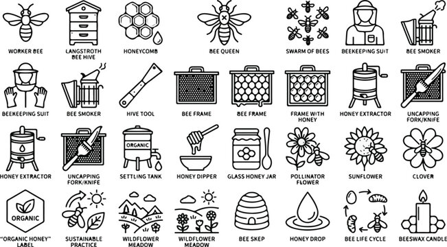 Minimalist icons depict various bookbinding and bee-keeping tools on a table indoors