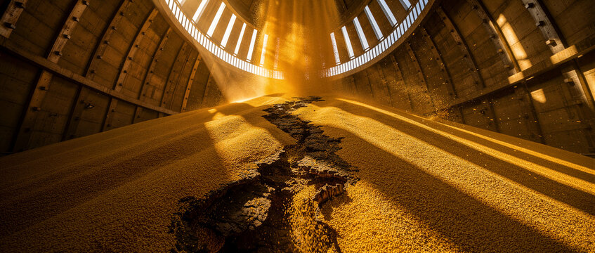 Golden grain piled in a large industrial silo with dramatic sunbeams. Sunlight illuminates a vast storage of wheat seeds inside a concrete warehouse. Agriculture food security concept.