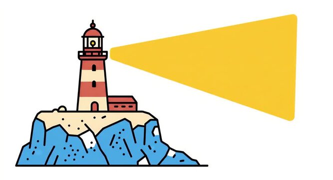 Flat vector animation of a red and white lighthouse on a sea cliff