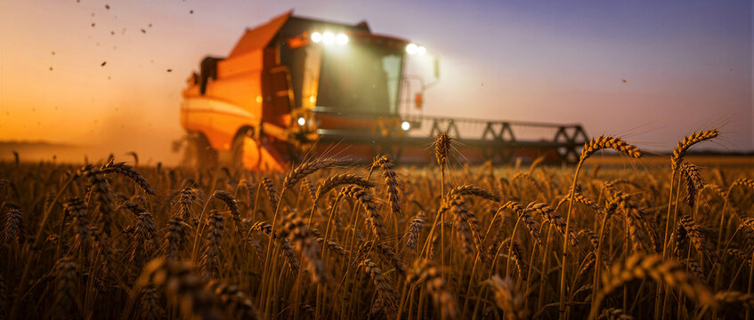 Combine harvester working in a golden wheat field at sunset. Agricultural machinery reaping grain crops at dusk. Harvest season concept for farming and agribusiness marketing.