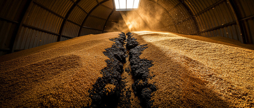Golden grain piles inside industrial warehouse under sunlight. Sunbeams illuminate dust over harvested crops in metal silo. Global food supply chain concept for agricultural marketing.