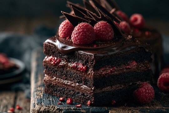 Close-up slice of chocolate raspberry layer cake