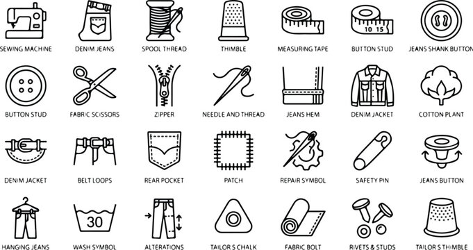 Minimalist vector icons for tailoring and sewing tools on a table