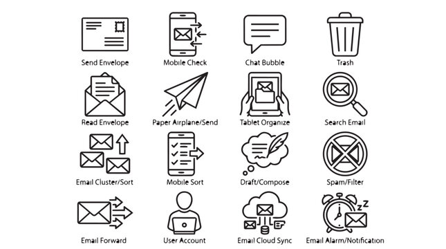 Email and messaging communication outline icon set for digital correspondence with messaging